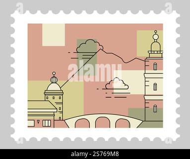 Cartolina con paesaggio urbano italiano. Architettura e paesaggio urbano con natura e case. Timbro postale o cartolina, lettera di posta e corrispondenza. Contorno dello schizzo monocromatico. Vettore in stile piatto. Paesaggio italiano con architettura, valli Illustrazione Vettoriale