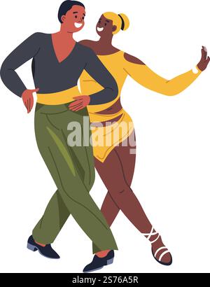 Ballerini professionisti che sorridono e ballano, si esibiscono sul palco. Uomo e donna che indossano abiti speciali. Partner maschio e femmina, due personaggi che praticano movimenti insieme. Vettore in stile piatto. Coppia da ballo, ballerini professionisti che sorridono vettoriale Illustrazione Vettoriale