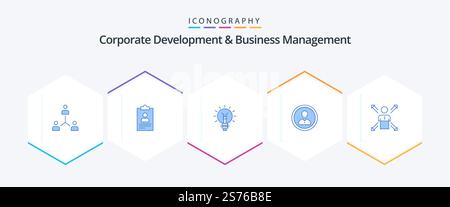 Corporate Development and Business Management 25 pacchetto icona blu con luce inclusa. idea. applicazione. elettrico. lampadina Illustrazione Vettoriale