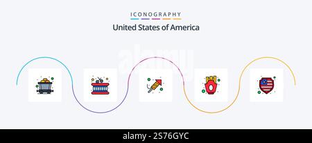 USA Line Ffilled Flat 5 Icon Pack incluso . protezione. festival. americano. patatine fritte Illustrazione Vettoriale