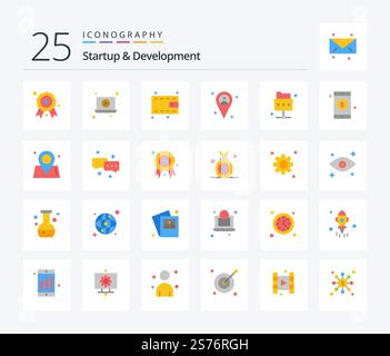 Pacchetto icone colori piatti 25 Startup and Develepment con cartello. cellulare. contanti. cartella. rete Illustrazione Vettoriale
