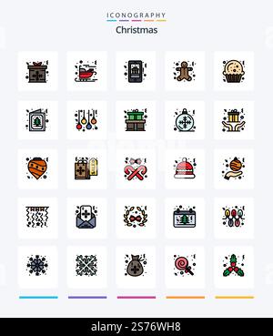 Pacchetto icone Creative Christmas 25 Line riempito come natale. uomini di pan di zenzero. natale. cookie. telefono Illustrazione Vettoriale