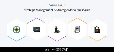 Strategic Management and Strategic Market Research 25 pacchetto icone FilledLine con fabbrica inclusa. laureato. scacchi. certificato. grado Illustrazione Vettoriale