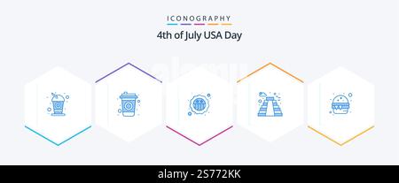 USA 25 pacchetto icona blu con cibo incluso. hamburger. sicurezza. stati uniti. edificio Illustrazione Vettoriale