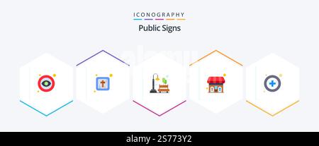Public Signs 25 pacchetto icona piatta inclusa farmacia. ospedale. luna. wc. pubblico Illustrazione Vettoriale