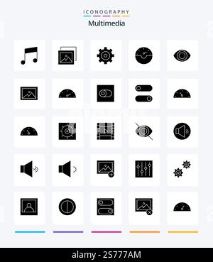 Pacchetto di icone Creative Multimedia 25 Glyph Solid Black, ad esempio Gauge. immagine. opzioni. album. occhio Illustrazione Vettoriale