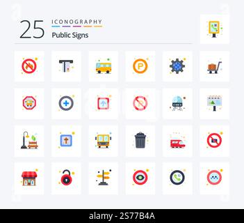 Public Signs 25 pacchetto icone Flat Color incluso pubblico. configurazione. autobus. luogo. segnali Illustrazione Vettoriale
