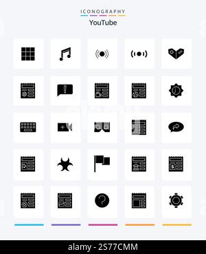 Pacchetto icone Creative YouTube 25 Glyph Solid Black, come l'interfaccia utente. playstation ®. di base. videogioco. ux Illustrazione Vettoriale