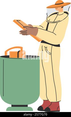 Apicoltura e allevamento, produzione di miele biologico e prodotto locale. Apiarista isolato in tuta protettiva che si prende cura dell'alveare. Produzione e apicoltura per le imprese. Immagine vettoriale in stile piatto. Produzione di miele, apiarista in costume, apicoltura Illustrazione Vettoriale