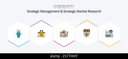 Strategic Management and Strategic Market Research 25 pacchetto icone FilledLine con grafico. obiettivo. shopping. shopping. storia Illustrazione Vettoriale