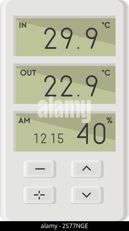 Telecomando per condizionatore d'aria, schermo che mostra la temperatura nella stanza, l'umidità. Pannello isolato con pulsanti per il controllo e la regolazione in base alle preferenze del proprietario di casa. Vettore in stile piatto. Controller remoto condizionatore con temperatura Illustrazione Vettoriale