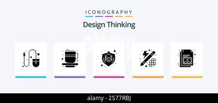 Design Thinking Glyph 5 Icon Pack incluso documento. pensare. design. innovazione. creativo. Icone creative Design Illustrazione Vettoriale