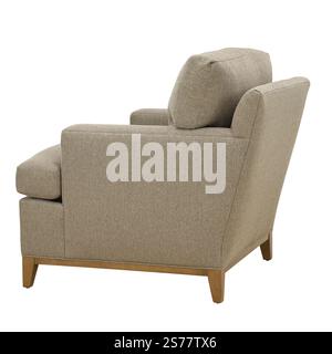 Una poltrona moderna con gambe in legno + percorso di ritaglio. La sedia è isolata su uno sfondo bianco. Foto Stock