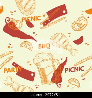 Bevande e cibo, piatti gustosi e bevande al picnic e barbecue party. Pollo e pretzel alla griglia, bastoncini salati e carne. Stampa di motivi, sfondo o sfondo senza interruzioni. Vettore in stile piatto. Picnic e barbecue, bevande e cibo vettoriale Illustrazione Vettoriale
