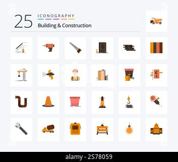 Building and Construction 25 pacchetto icone Flat Color con legno. porta. senza filo. strumenti. bade Illustrazione Vettoriale