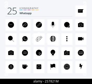 Pacchetto icone WhatsApp 25 Solid Glyph con cartello. di base. di base. ui. microfono Illustrazione Vettoriale