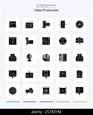 Pacchetto icone Creative Video Production 25 Glyph Solid Black, ad esempio l'app per il lettore video. multimedia. radio d'epoca. schermata filmato. Illustrazione Vettoriale