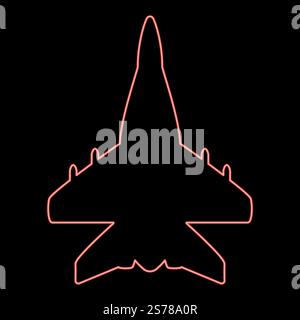 Aeroplano al neon caccia reattivo inseguimento militare rosso immagine vettoriale colore luce piatta. Caccia aeroplano al neon inseguimento reattivo militare di colore rosso immagine vettoriale stile piatto Illustrazione Vettoriale