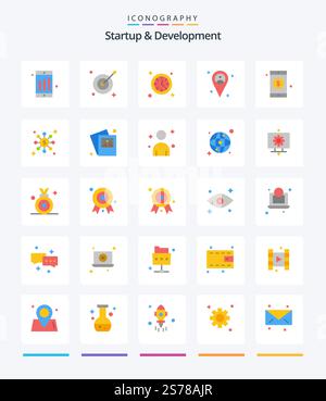 Creative Startup and Develepment 25 pacchetto icona piatta come la rete. dollaro. tempo. segnale. cellulare Illustrazione Vettoriale