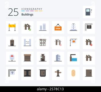 Edifici 25 pacchetto icone Flat Color con cartello. apri. casa. grattacieli. business Illustrazione Vettoriale