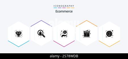 Pacchetto icone di eCommerce 25 Glyph incluso presente. gratuito. negozio. e-commerce. denaro Illustrazione Vettoriale
