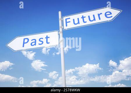 Un'immagine tipica di un cartello stradale freccia futuro passato Foto Stock