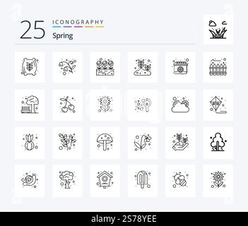 Pacchetto icone Primavera 25 Line con molla inclusa. calendario. foglia. seme crescente. foglia Illustrazione Vettoriale