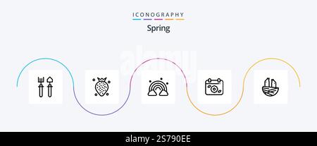 Pacchetto icone Spring Line 5 con uccello incluso. molla. natura. data. calendario Illustrazione Vettoriale