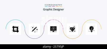 Graphic Designer Glyph 5 pacchetto icone con lampadina. diamante. computer. brillante. creativo Illustrazione Vettoriale