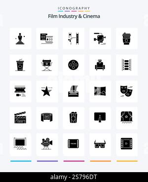Confezione di icone Creative Cenima 25 Glyph Solid Black, come una tazza monouso. videocamera per film. cinema. pellicola. fotocamera Illustrazione Vettoriale