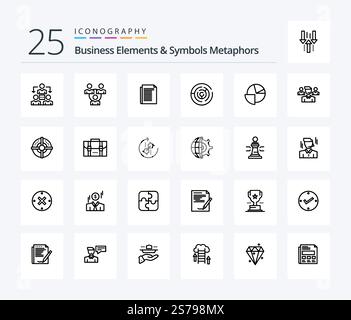 Pacchetto di icone di elementi e simboli business metaphors 25 Line con team. torta. puzzle. grafico. punto Illustrazione Vettoriale