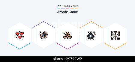 Pacchetto icone Arcade 25 FilledLine con labirinto. gioco. cubi. pericolo. gioca Illustrazione Vettoriale