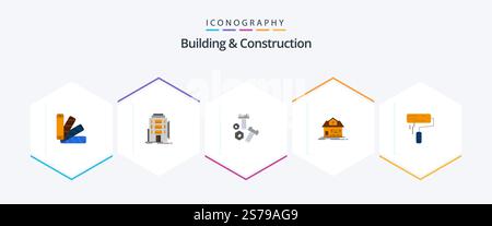 Building and Construction 25 pacchetto icona piatta con pennello. edificio. albergo. casa. strumenti Illustrazione Vettoriale