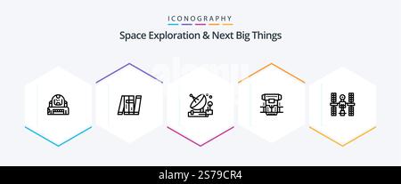 Space Exploration e Next Big Things 25 Line Icon pacchetto criogenico. casella. intelligente. spazio. parabolica Illustrazione Vettoriale