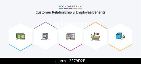 Customer Relationship and Employee Benefits 25 pacchetto icone FilledLine incluso box. medico. libro. teatro. teoria Illustrazione Vettoriale