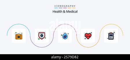 Health and Medical Line Ffilled Flat 5 Icon Pack incluso . cartella clinica. medico. salute. assistenza sanitaria Illustrazione Vettoriale