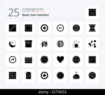 Pacchetto icone Basic 25 Solid Glyph con modalità inclusa. caricamento in corso. di base. clessidra. globo Illustrazione Vettoriale