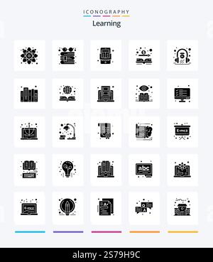 Pacchetto icone Creative Learning 25 Glyph Solid Black, come le cuffie. denaro. libro. dollaro. libro Illustrazione Vettoriale