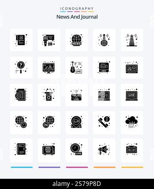 Creative News 25 Glyph Solid Black pacchetto icone come la ricerca. notizie. trasmissione. satellite. tecnologia Illustrazione Vettoriale