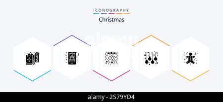 Pacchetto icone Glyph di Natale 25 con gli uomini di pan di zenzero. natale. natale. lampade. sfere Illustrazione Vettoriale
