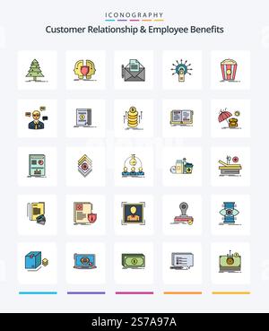 Creative Customer Relationship and Employee Benefits 25 pacchetto di icone piene di righe, come toccare qui. ok. sheild. fare clic su. lettera Illustrazione Vettoriale