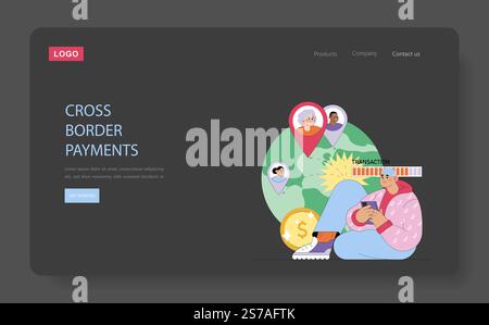 Concetto di finanza digitale. Transazioni globali che connettono persone in tutto il mondo con pagamenti transfrontalieri sicuri. Interfaccia delle tecnologie finanziarie. Illustrazione vettoriale. Illustrazione Vettoriale