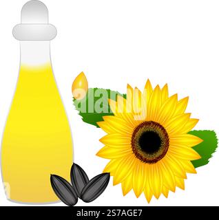 Bottiglia di olio di girasole e semi di fiori. Illustrazione Vettoriale