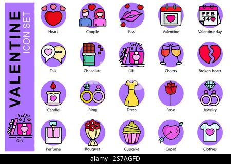 Set di icone di San Valentino. stile icona contorno colorato. con cuore icona, regalo, bouquet e molto altro ancora. illustrazione vettoriale dell'elemento di san valentino Illustrazione Vettoriale