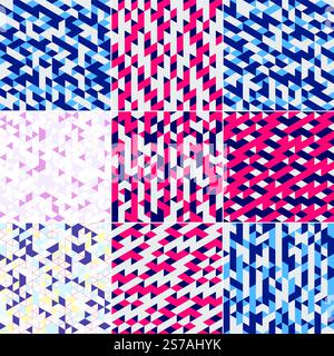 Un set di copertine con forme isometriche colorate e linee che si sovrappongono. Questo set è adatto per l'uso come coperture. cartelli. poster. volantini. e di banner. Illustrazione Vettoriale