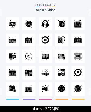 Pacchetto di icone Creative Audio and Video 25 Glyph Solid Black, ad esempio il suono. audio. video. video. raccolta Illustrazione Vettoriale