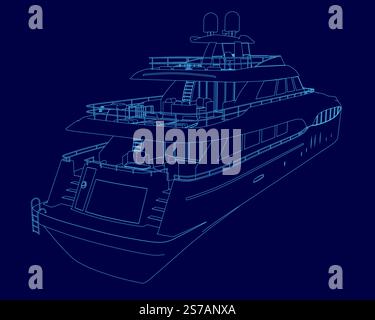 Barca blu con una striscia sul lato. L'imbarcazione è mostrata in un disegno blu Illustrazione Vettoriale