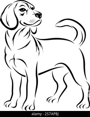 Disegno vettoriale del cane beagle in piedi di profilo, stile artistico minimalista in bianco e nero. Animale domestico. Animale. Illustrazione Vettoriale