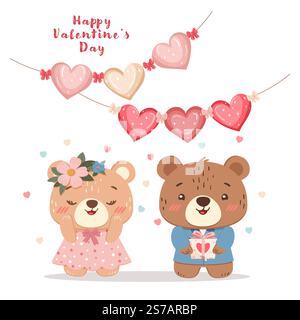 Due simpatici orsi con un dono, Heart garland sopra di loro e piccoli cuori sparsi. Illustrazione vettoriale per San Valentino e disegni a tema d'amore Illustrazione Vettoriale