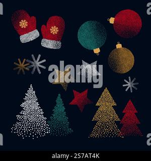 Set di simboli di Natale tratteggiati a mano: Albero di Natale, palle, stelle e fiocchi di neve Illustrazione Vettoriale